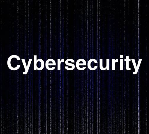 Cybersecurity text on a dark, data-inspired background.